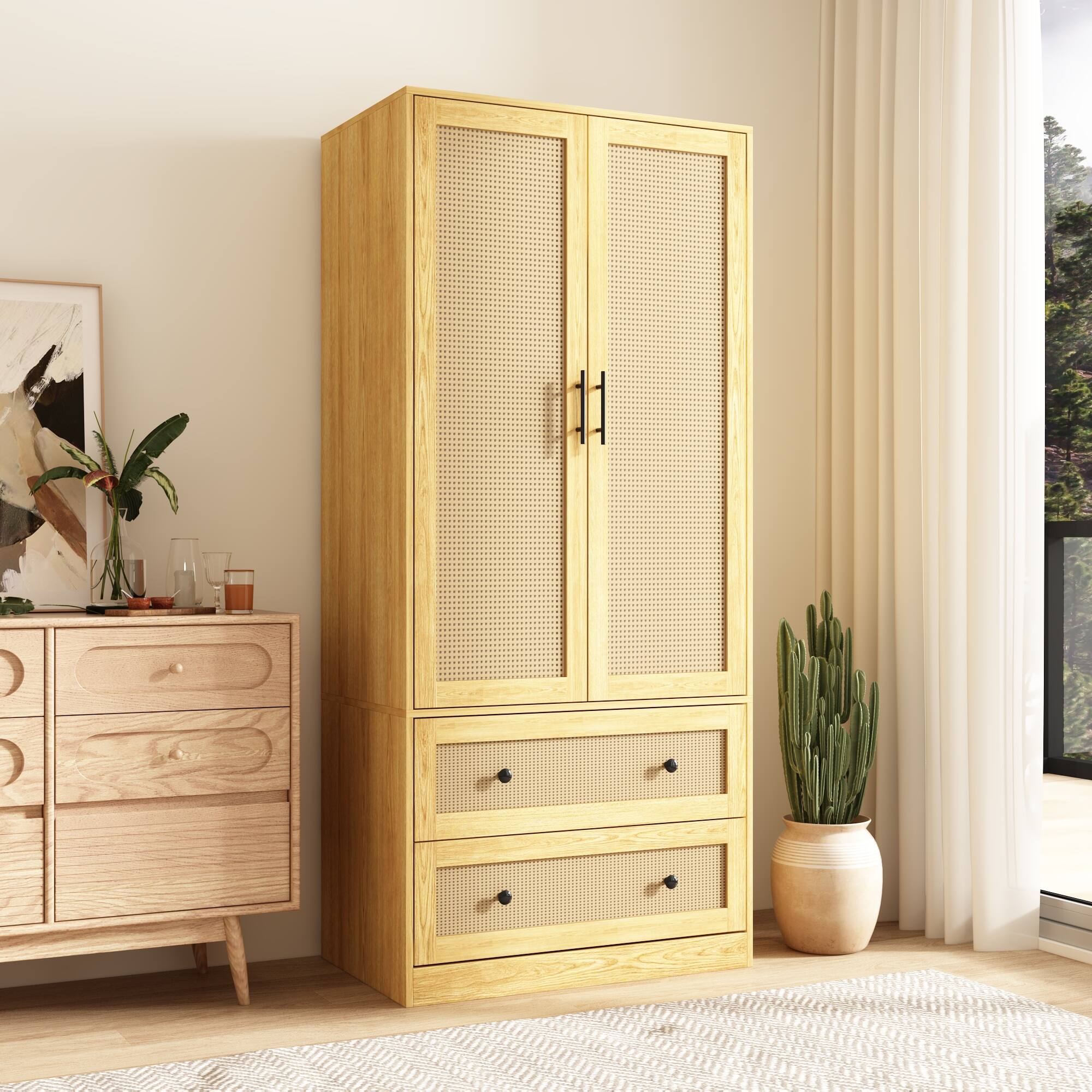 Angle. Famapy - Rattan & Wood Grain Double Door Wardrobe – Natural Style Closet with Hanging Rods, Drawers & Silent Rails - Wooden.