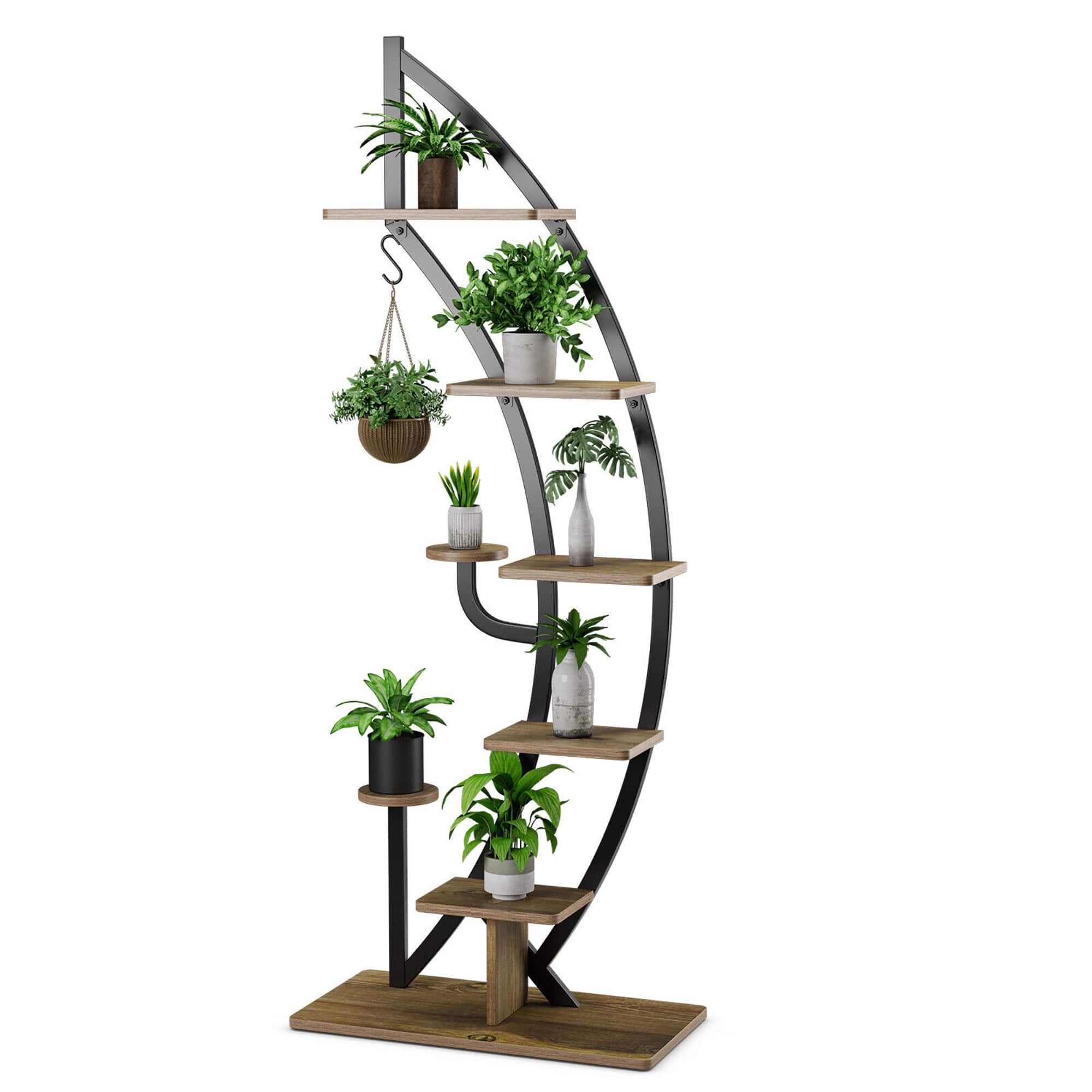 Costway - 6 Tier Metal Plant Stand Rack Half Moon Shape Ladder Planter Organizer w/Hook - Black,Natural