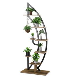 Gymax - 6 Tier 9 Potted Metal Plant Stand Rack Curved Stand Holder Display Shelf w/ Hook - Natural+Black