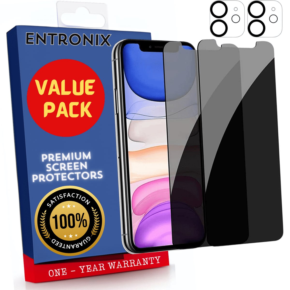 Entronix - Anti-Spy Privacy Screen Protector and Camera Lens Protector for iPhone 11 - 4-Piece Set - Transparent