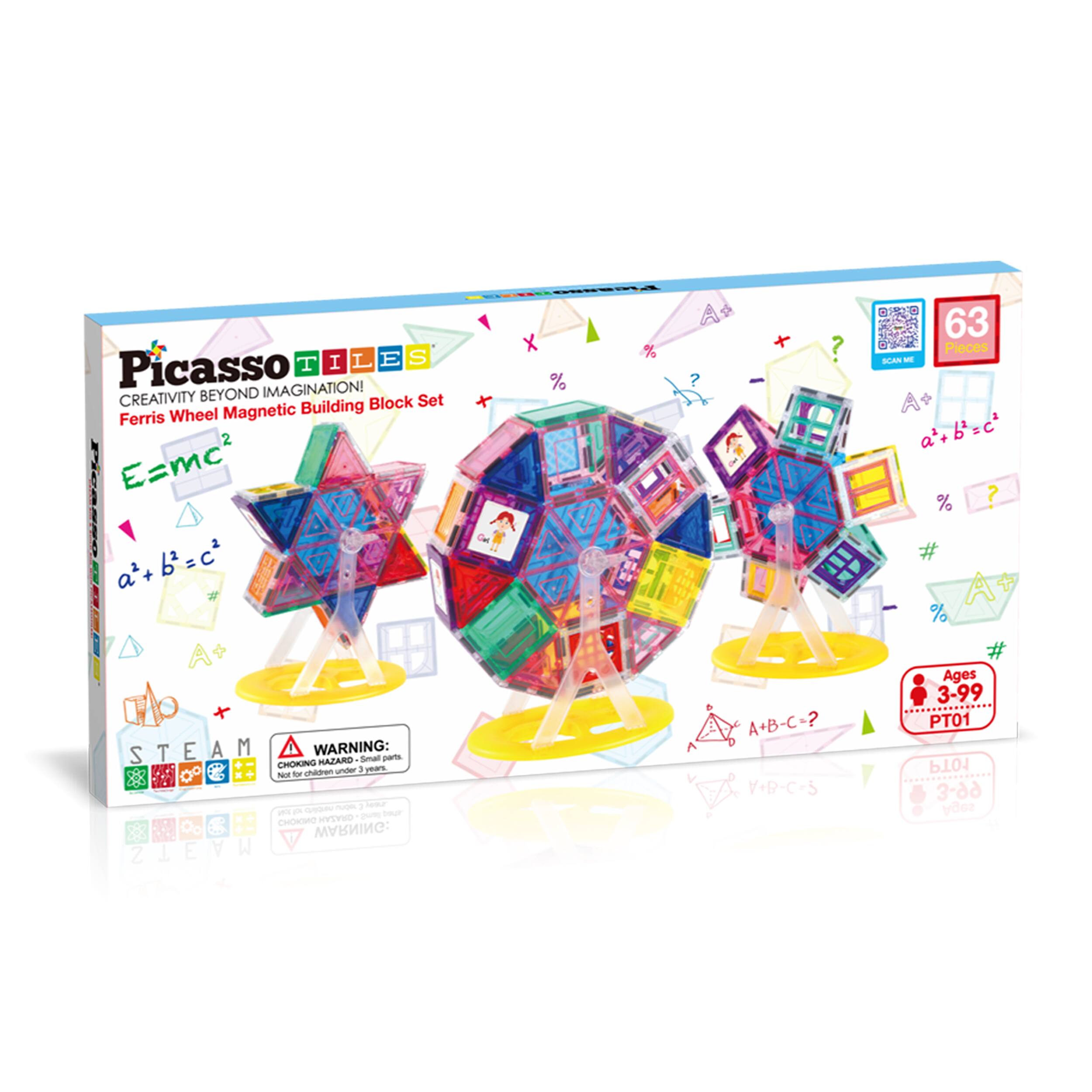 Picasso TILES  
Creativity Beyond Imagination!  
Ferris Wheel Magnetic Building Block Set  
E=mc²  
a² + b² = c²  
63 Pieces  
STEAM  
WARNING: CHOKING HAZARD - Small parts. Not for children under 3 years.  
Ages 3-99  
PT01  
3-dd