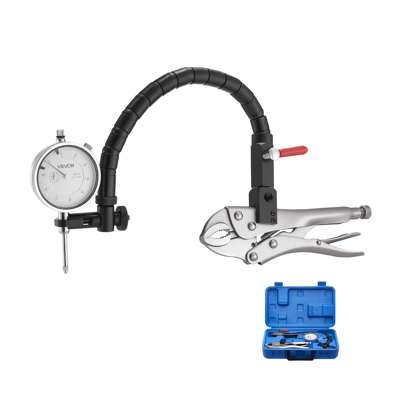 Front. VEVOR - Dial Test Indicator with 360-Degree Flexible Arm and 360-Degree Locking Pliers, 0.001 inch Accuracy, 0-1 inch Range - White+Sliver+Black.