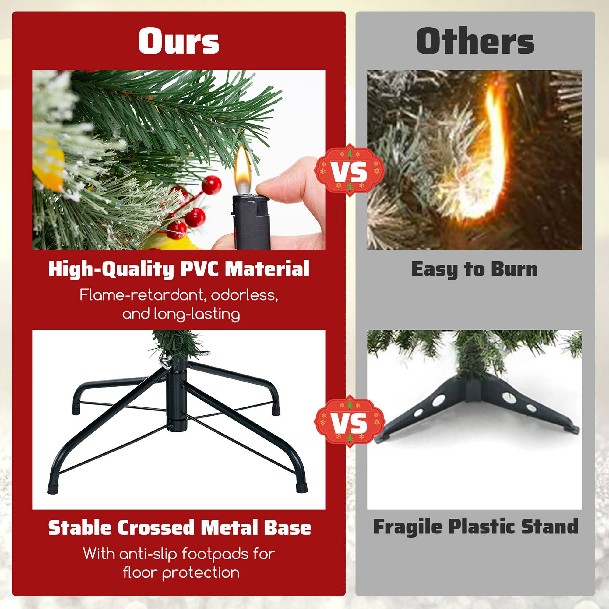 **Ours**

- High-Quality PVC Material  
  Flame-retardant, odorless, and long-lasting

- Stable Crossed Metal Base  
  With anti-slip footpads for floor protection

**Others**

- Easy to Burn

- Fragile Plastic Stand