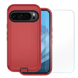 Entronix - Heavy Duty Phone Case Bundle for Google Pixel 9 Pro XL with Clear Screen Protector - Red