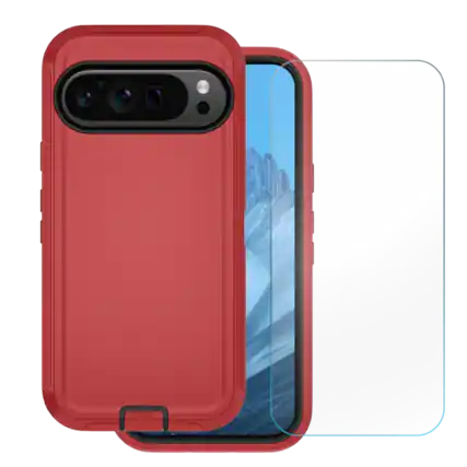 Front. Entronix - Entronix Heavy Duty Phone Case Bundle for Google Pixel 9 Pro XL with Clear Screen Protector - Red.