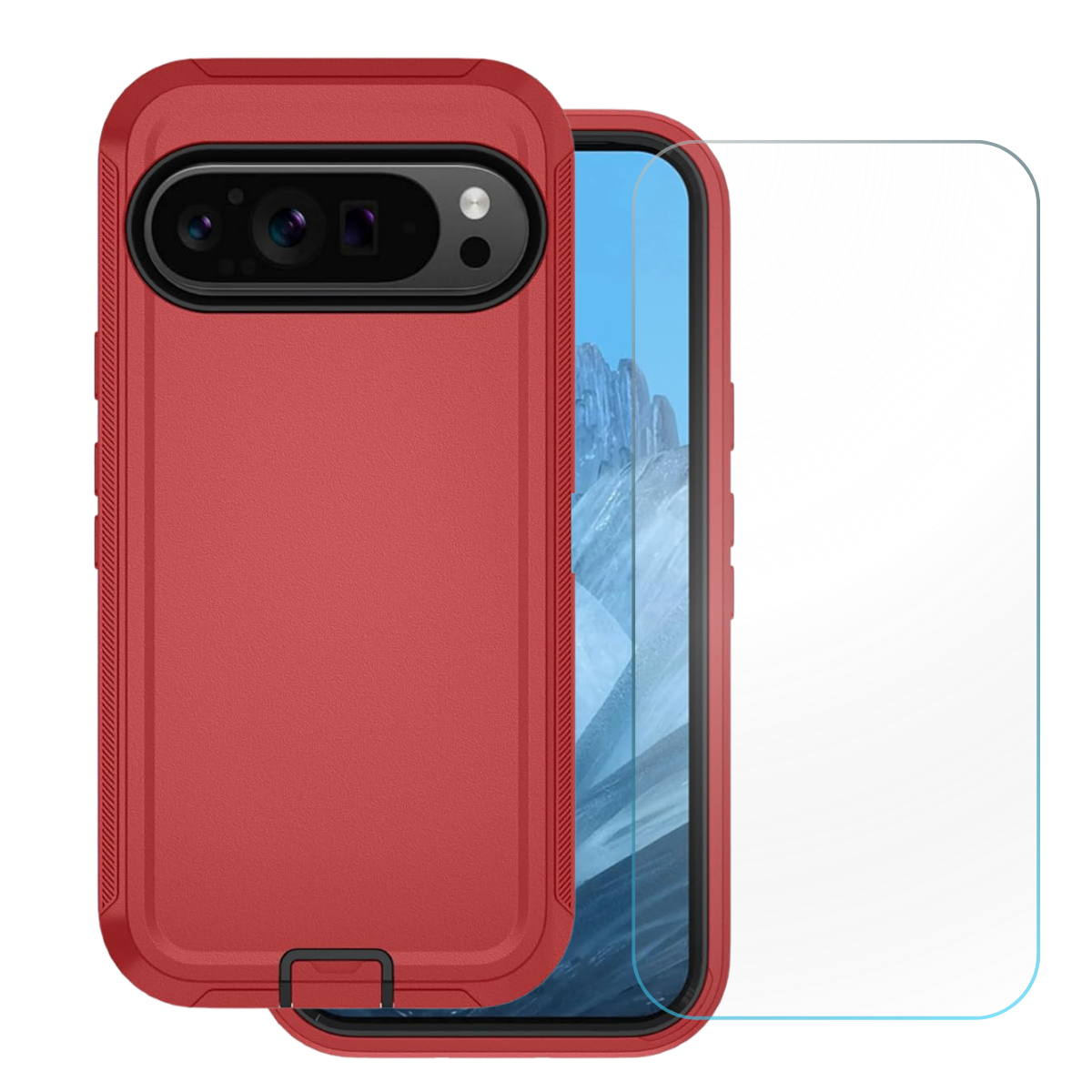 Front. Entronix - Entronix Heavy Duty Phone Case Bundle for Google Pixel 9 Pro XL with Clear Screen Protector - Red.