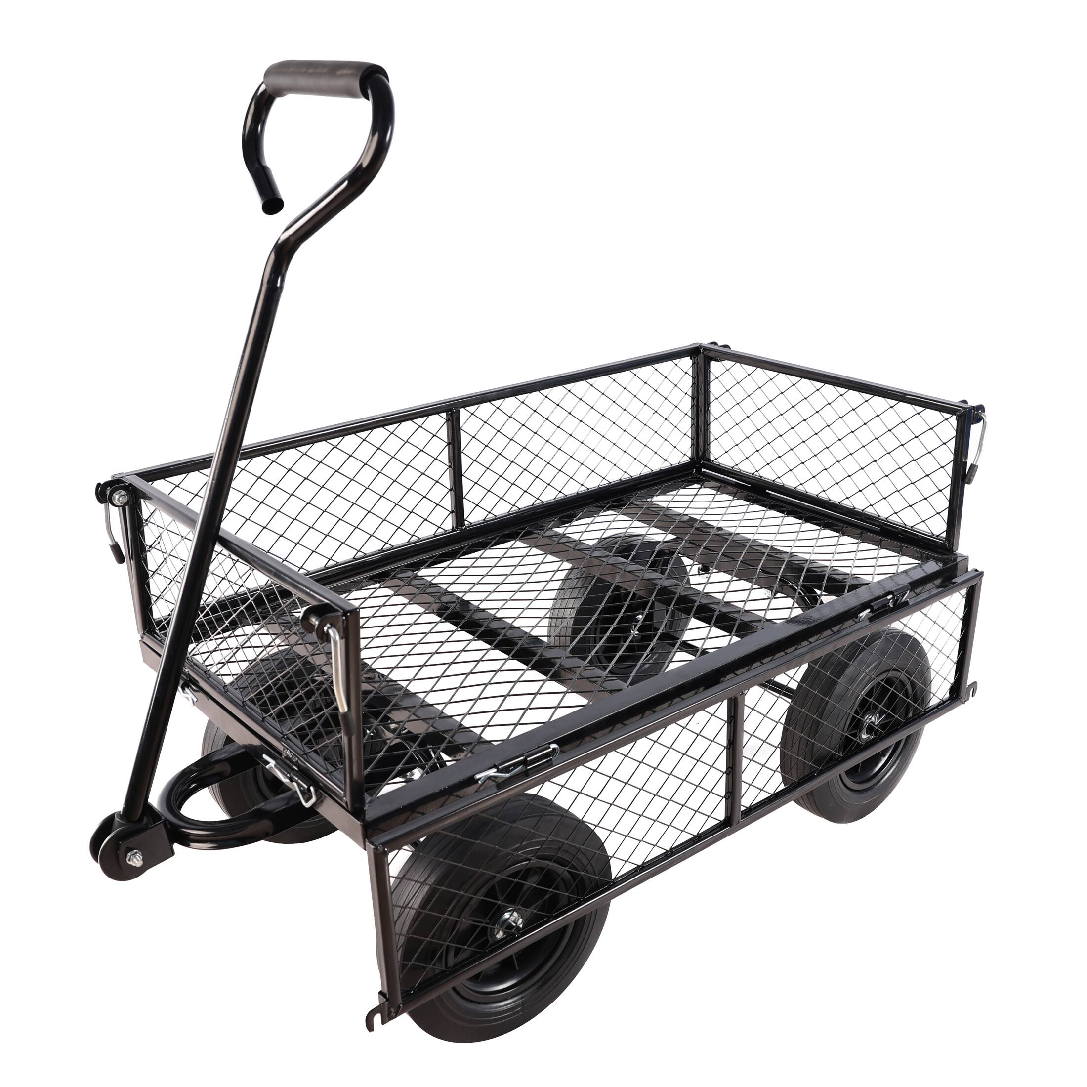 Left. Whisen - Metal Garden Cart Outdoor Wagon, Utility Tool Cart with Solid Wheels for Lawn and Yard Work - Black.