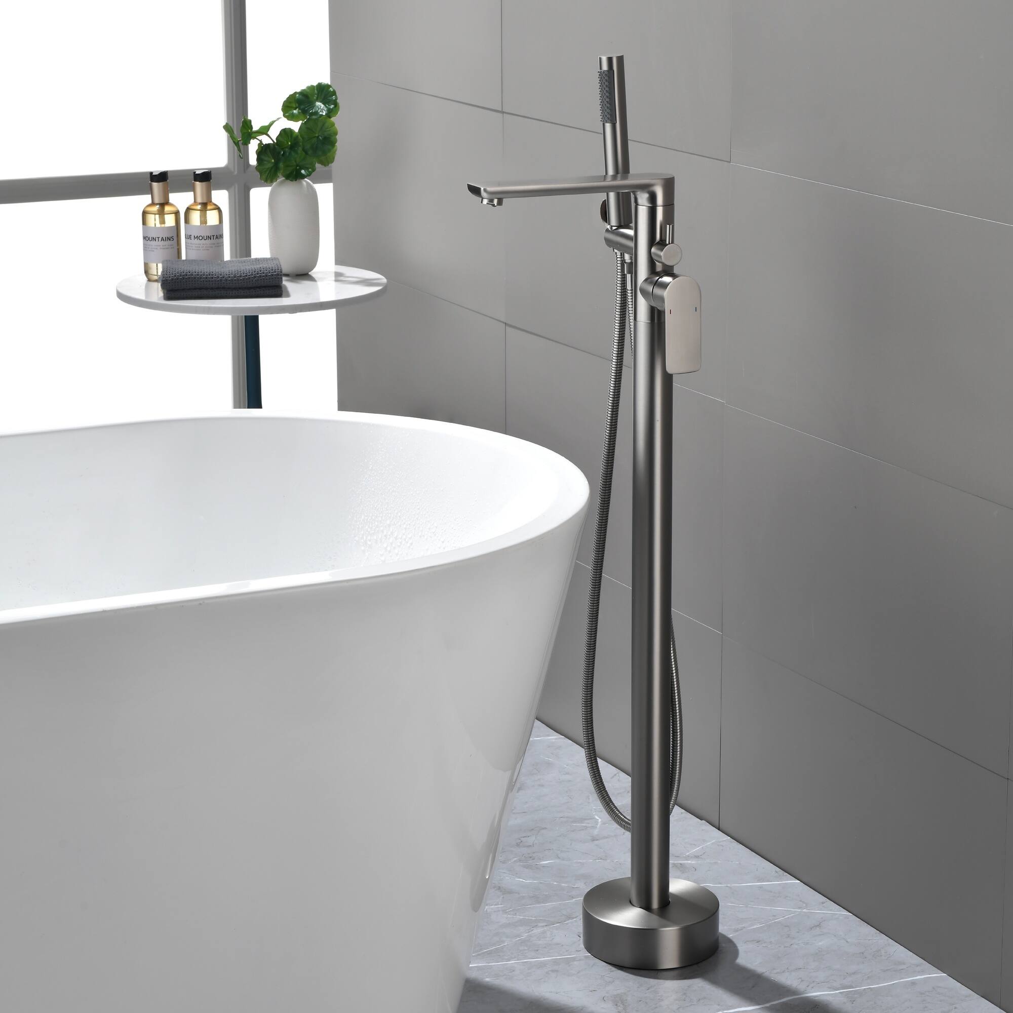 Alt View 1. Boyel Living - Brushed Nickel Freestanding Bathtub Faucet Solid Brass Single Handle 360° Swivel 60-Inch Hose cUPC Certified - Brushed Nickel.