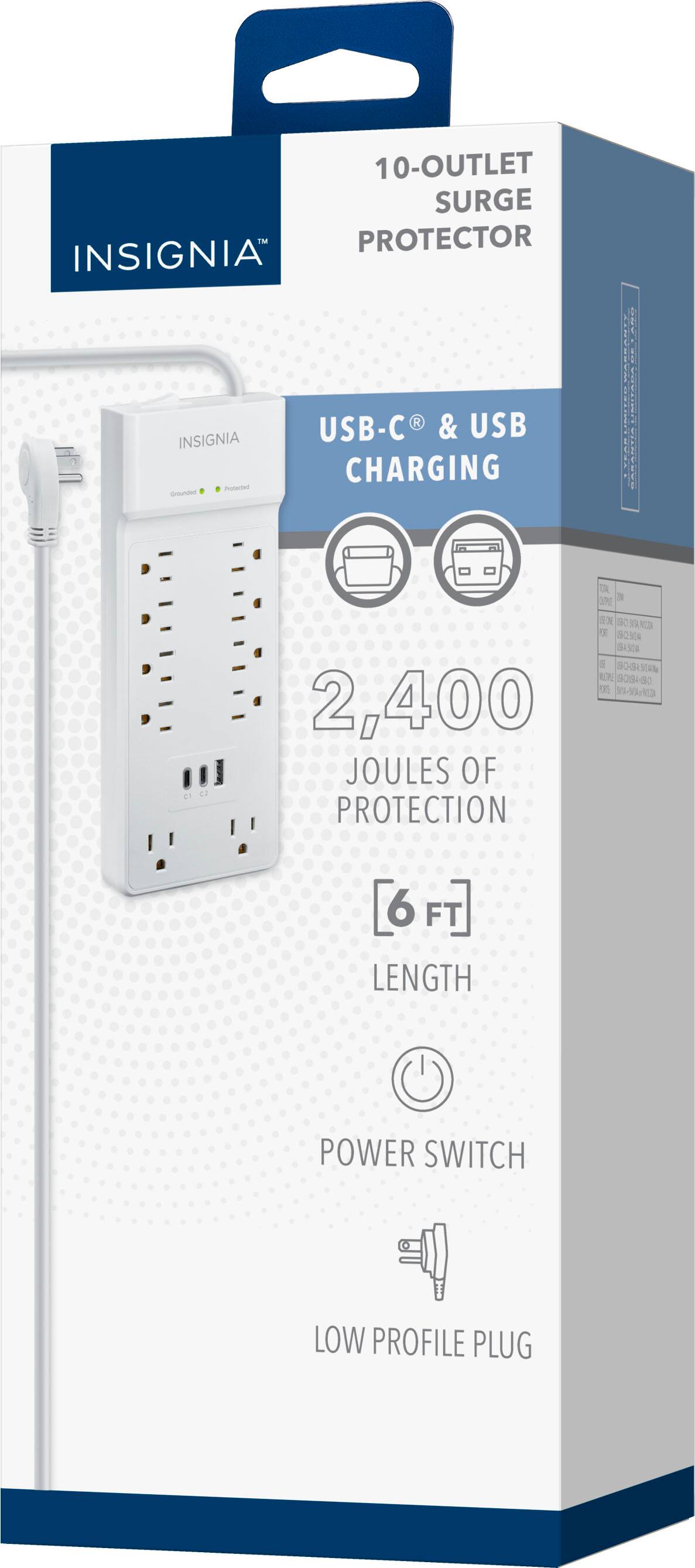 10-Outlet Surge Protector Insignia - USB-C & USB Charging, 2,400 Joules of Protection, 6 ft Length, Power Switch, Low Profile Plug.