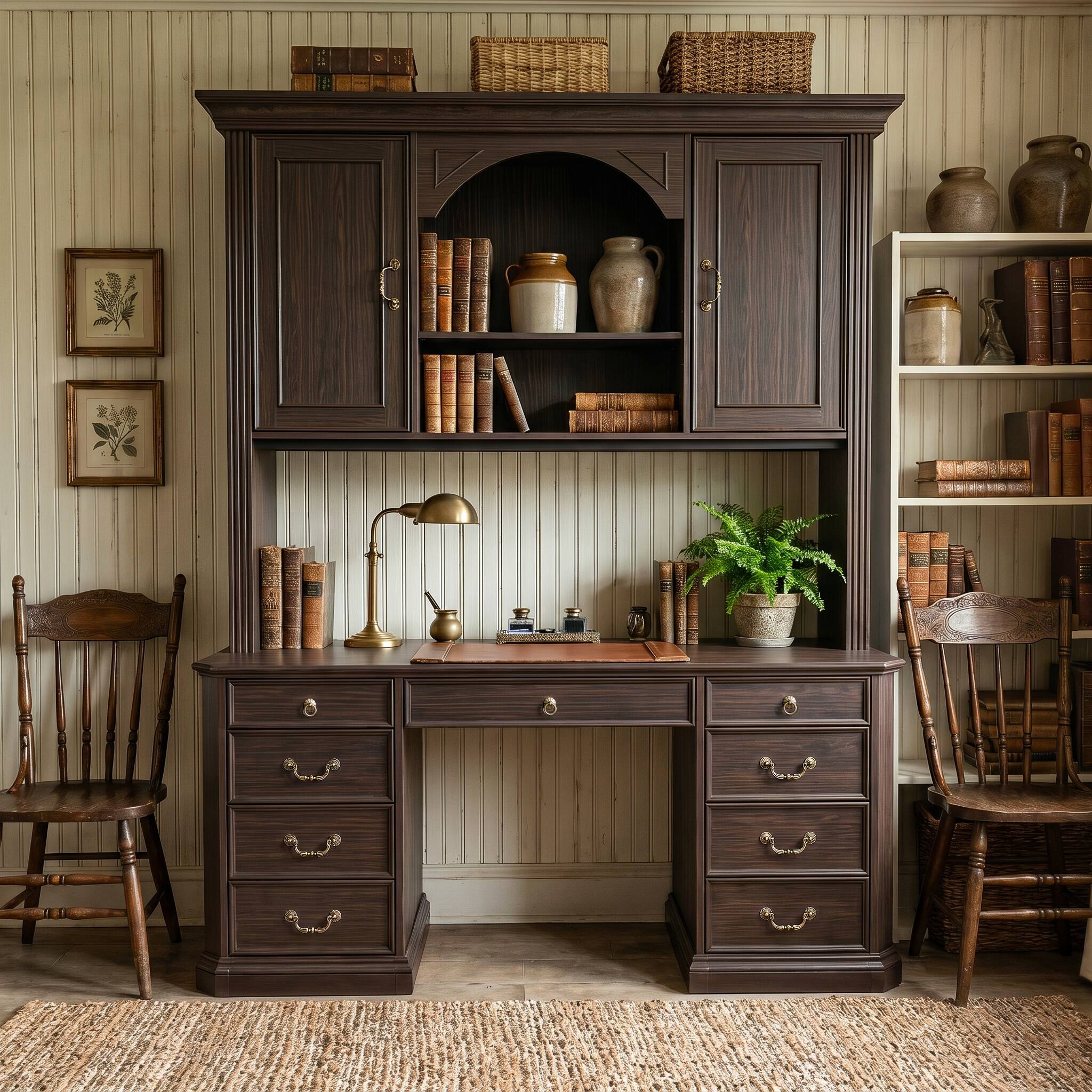Back. Famapy - Bookcase Desk with Hutch & Drawers, Large Computer Desk with Arched Shelves for Home Library Student Writing Station - Dark Brown.
