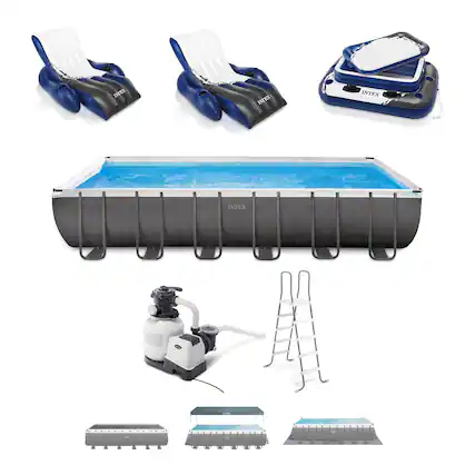 Front. Intex - Ultra XTR Rectangular Pool, Floats (2 Pack) and Cooler - Blue.