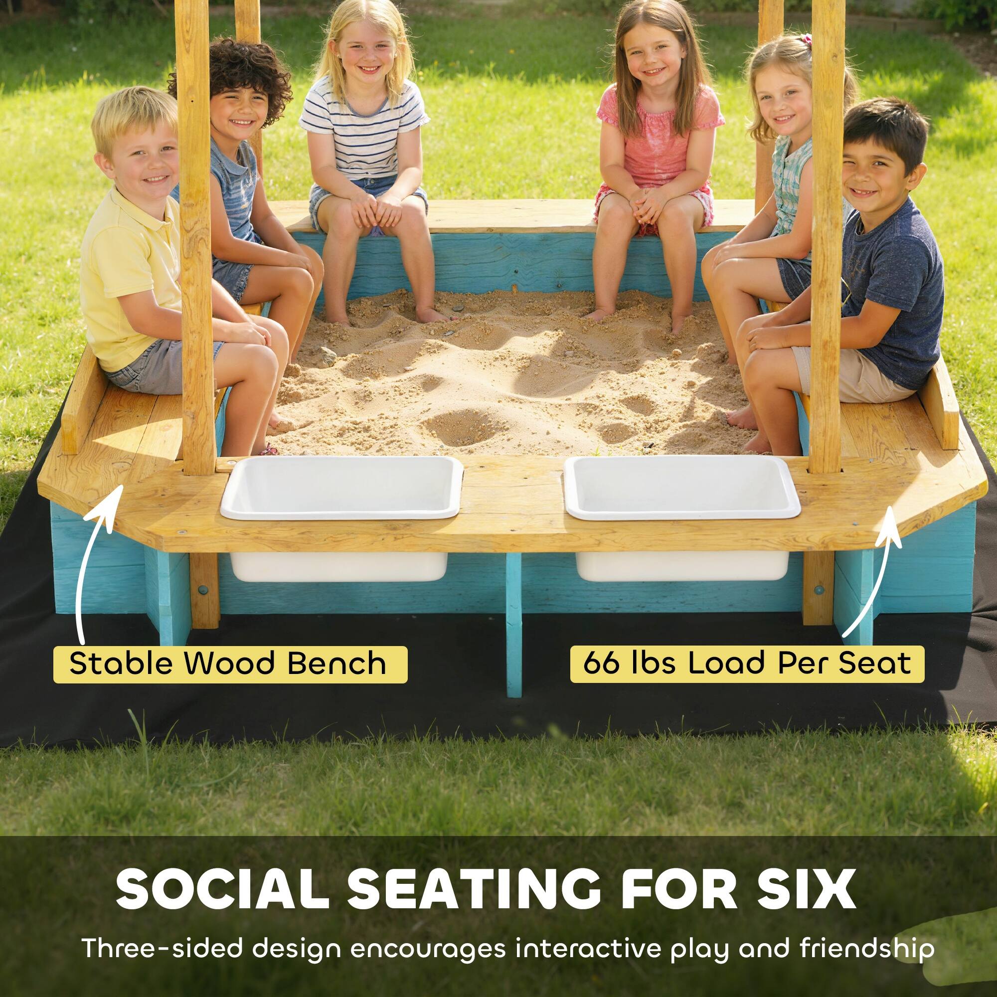Stable Wood Bench  
66 lbs Load Per Seat  

SOCIAL SEATING FOR SIX  
Three-sided design encourages interactive play and friendship