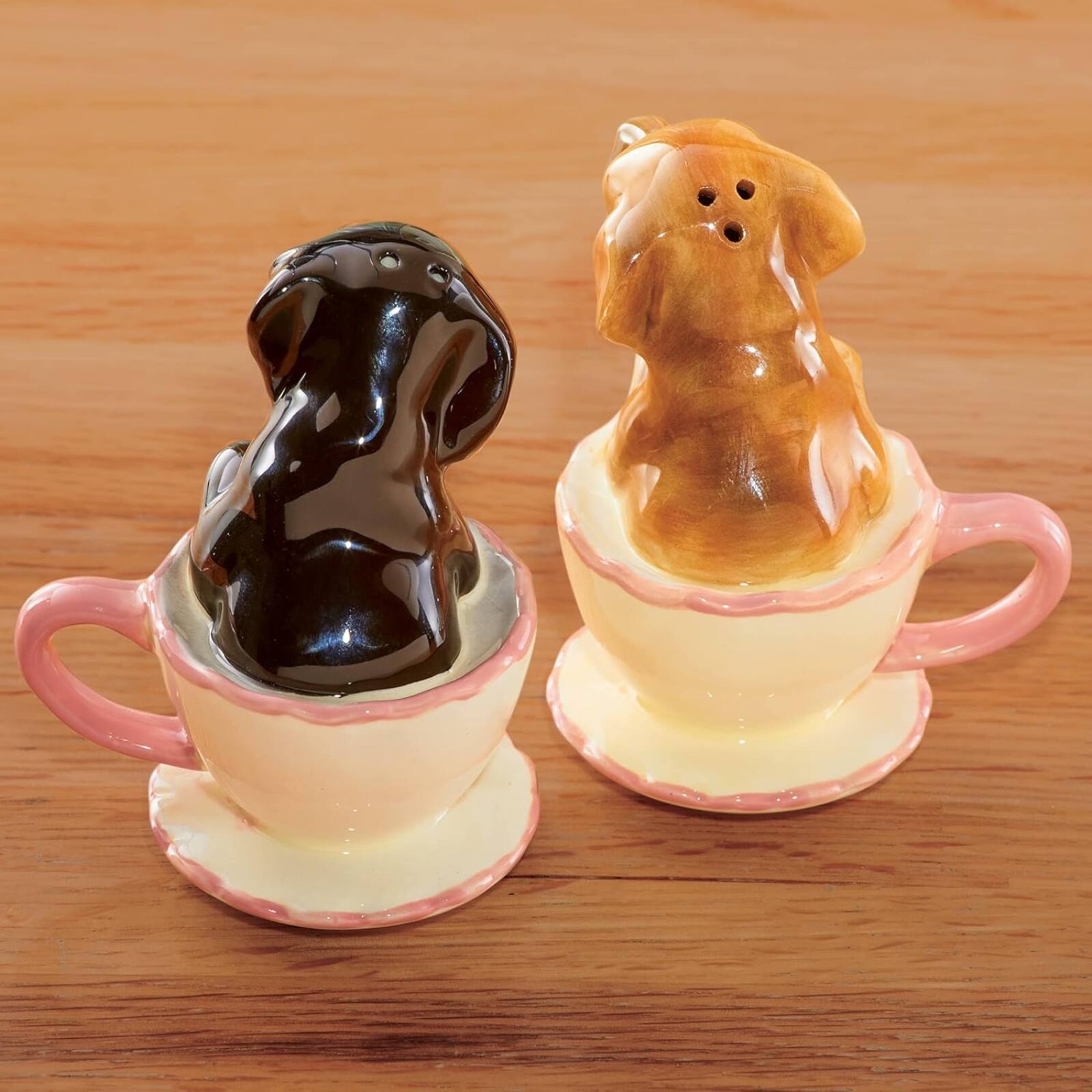 Left. Pacific Trading - Daschshund Puppies in Teacups Ceramic Salt & Pepper Shakers - Multicolor.