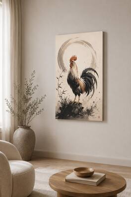 FC Design - Large Zen Rooster Ink Canvas Print 24x36"-Ready-to-Hang Farmhouse Asian Art Painting Home Wall Décor - MultiColor