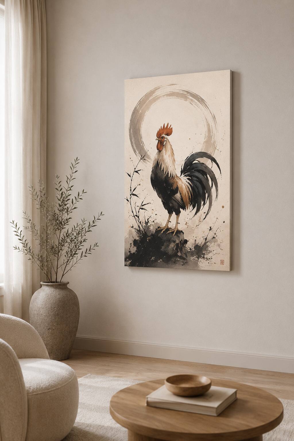 Front. FC Design - Large Zen Rooster Ink Canvas Print 24x36"-Ready-to-Hang Farmhouse Asian Art Painting Home Wall Décor - MultiColor.