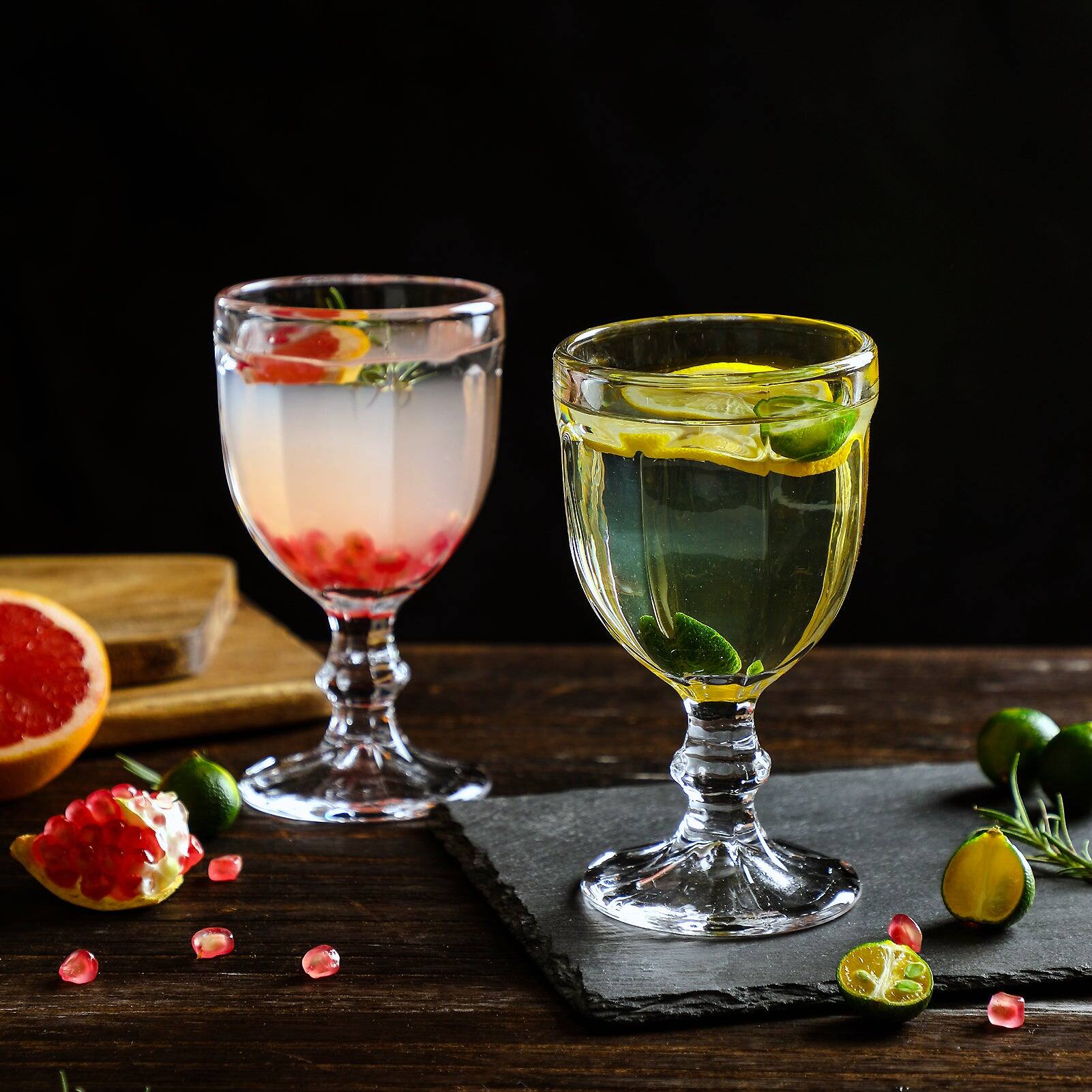 Left. BreeBe - Vintage Embossed Glass Goblet (10.2 oz. set of 6) - Clear.