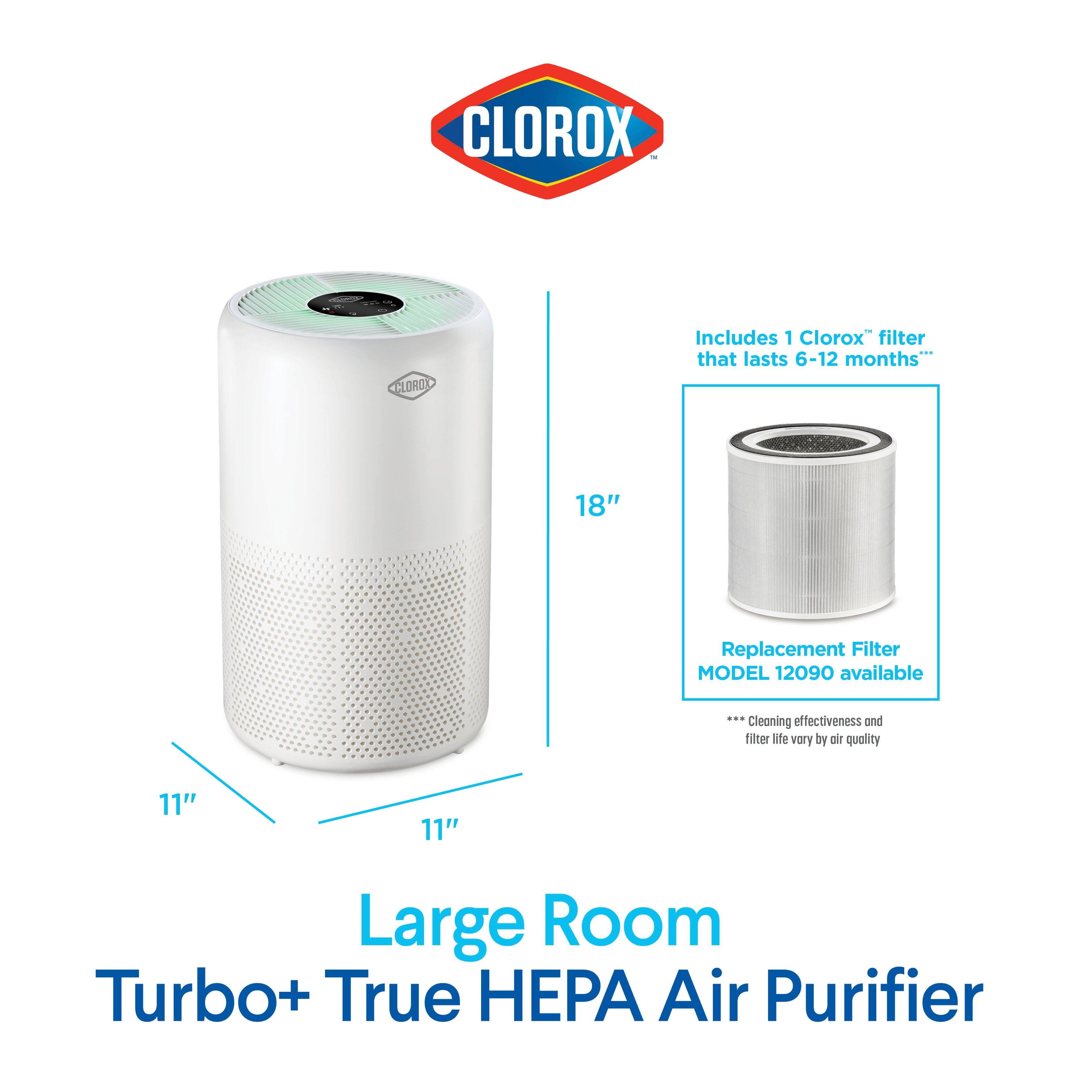 CLOROX

Includes 1 Clorox® filter that lasts 6-12 months**
18" Replacement Filter MODEL 12090 available
... effectiveness and Cleaning filter life vary by air quality
11"
11"

Large Room Turbo+ True HEPA Air Purifier