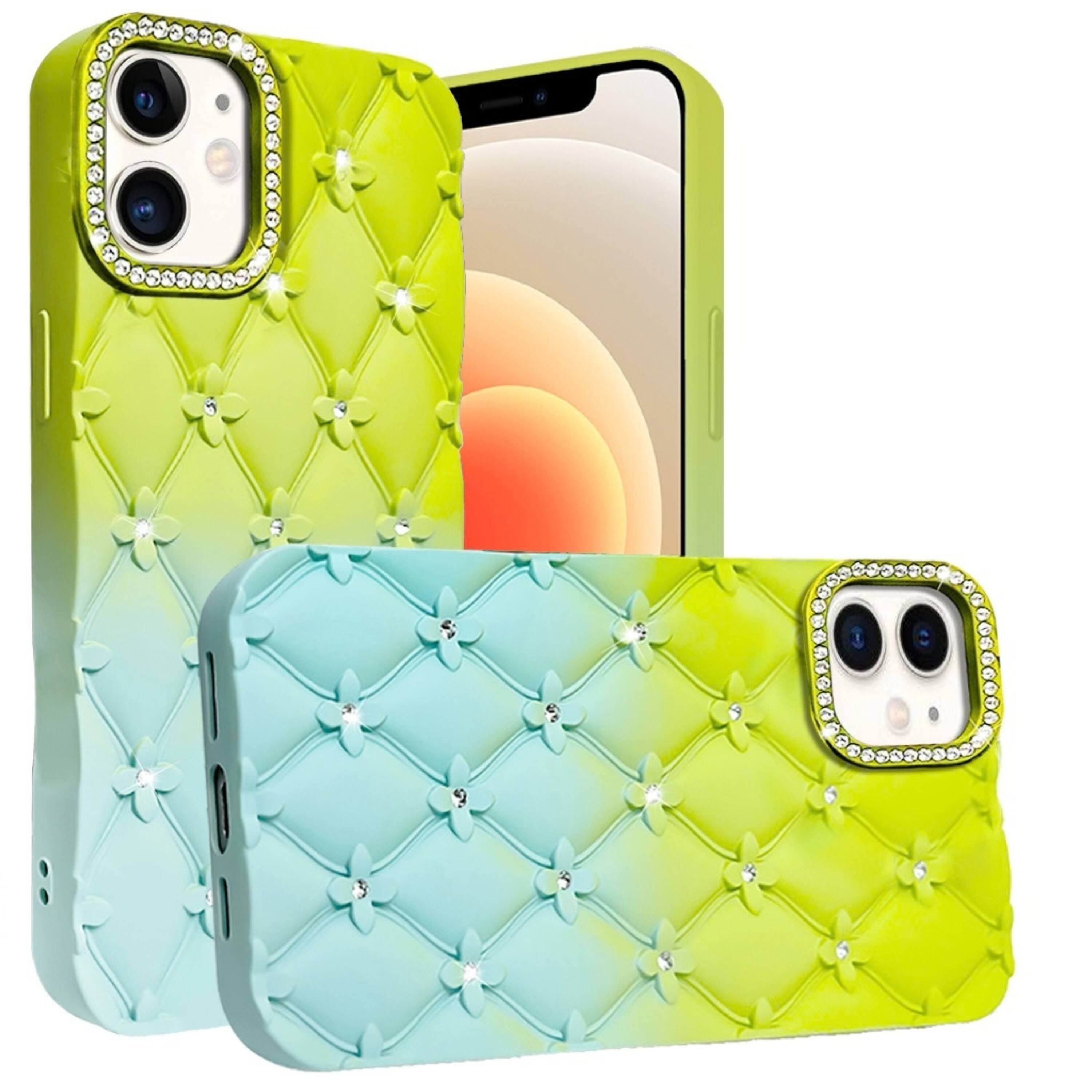 Angle. Kitcheniva - Bling Diamond Pattern Padded Phone Case With Tempered Glass For iPhone 12 12 Pro Green Teal - Teal.