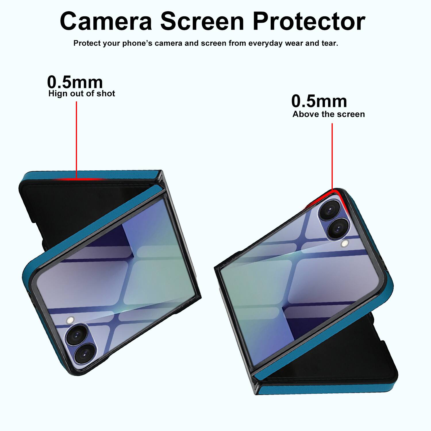 Camera Screen Protector  
Protect your phone's camera and screen from everyday wear and tear.  

0.5mm  
Hign out of shot  

0.5mm  
Above the screen