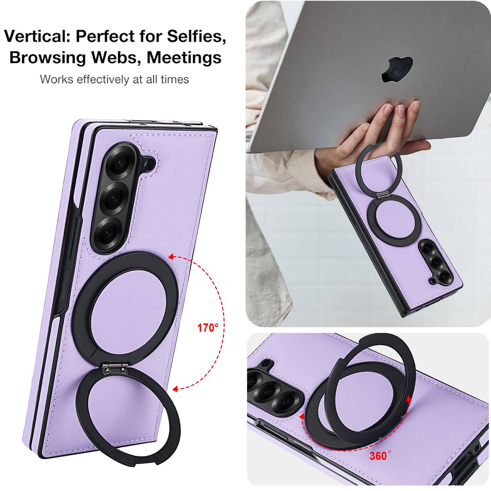 Vertical: Perfect for Selfies, Browsing Webs, Meetings  
Works effectively at all times  

170°  
360°