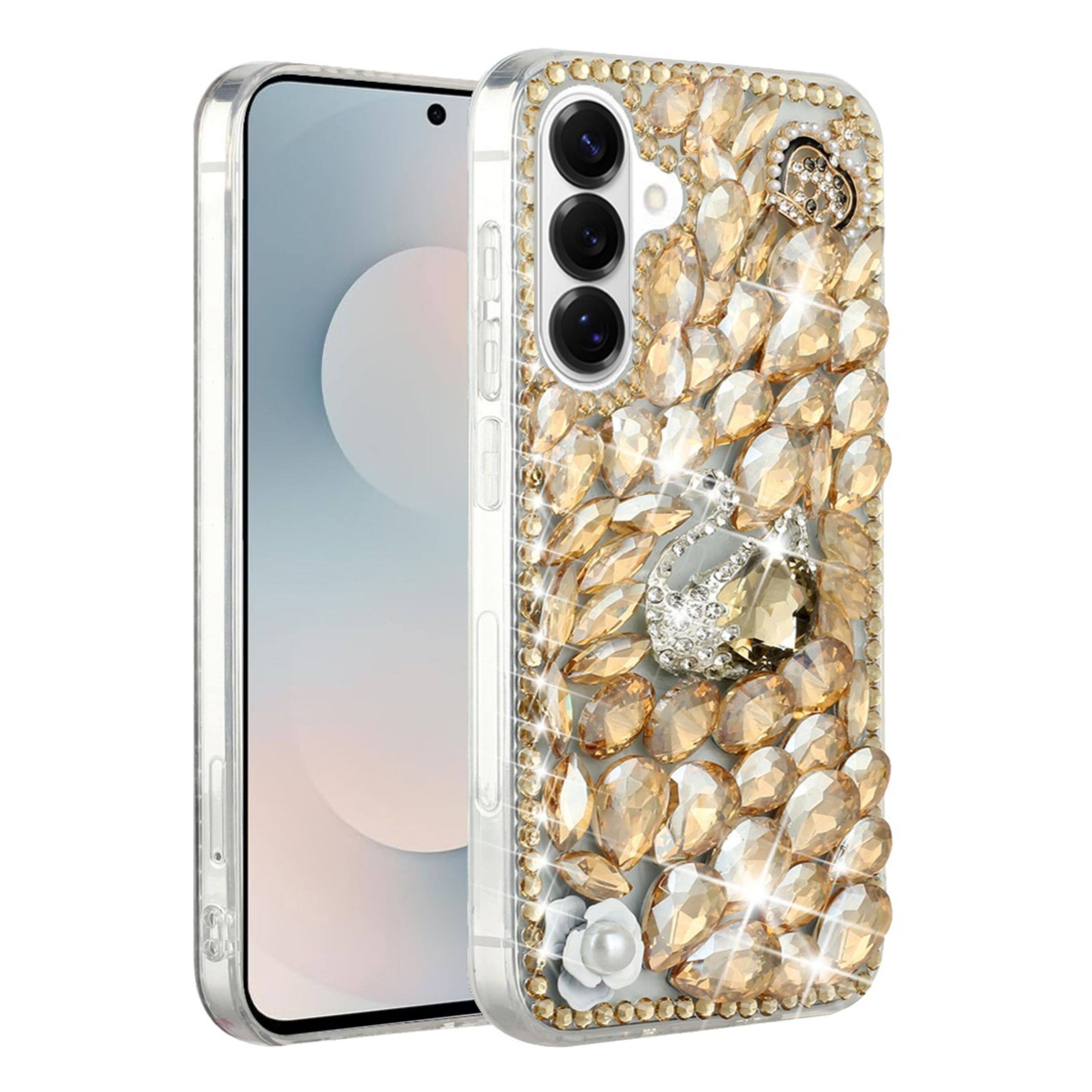 Front. Kitcheniva - Full Diamond Bling 3D Jewel Ornaments Design Phone Case With Tempered Glass For Samsung S26 Gold Swan - Gold.