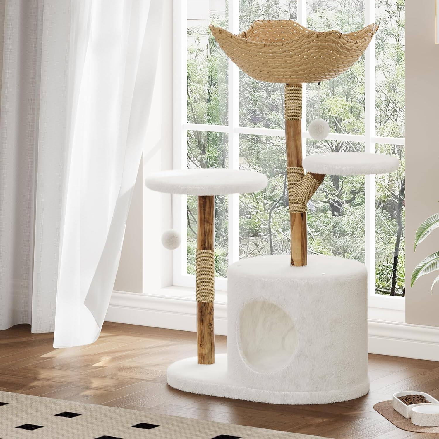 Front. Acekool - Modern Natural Wood Cat Tree, Large Rattan Basket Tower, Scratching Posts, Realistic Branch, White Luxury Perch, White.