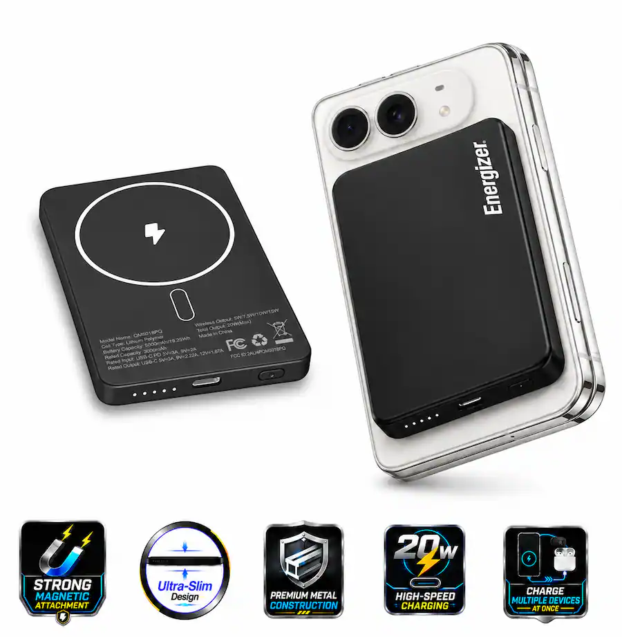 Energizer 5,000mAh slim magnetic wireless power bank with LED display