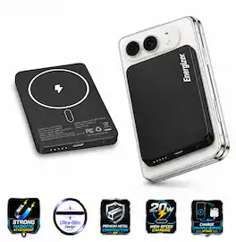 Energizer - 5,000mAh SLIM METAL 20W Magnetic Wireless Qi/Qi2.0/MagSafe PowerBank, Portable Charger, 2 Outputs, LED Display, & USB-C - Black