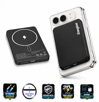 MSUMOUMS'LIMS Wireless Output 20W(Max) QM5018PQ Total in China Name: Polymer 25Wh Made Model Type: Lithium 5000mAh/19.25Wh Cell Capacity 3000mAh Battery Capacity. SV=3A, SV=2A 12V=1.67A ID:2AU4POM5018PQ Rated USB C PO 9V-2.22A, FCC Rated Input USB-C SVIGA, Rated Output: Energizer
20 W
STRONG MAGNETIC ATTACHMENT
Ultra-Slim Design
PREMIUM METAL CONSTRUCTION ...
HIGH-SPEED CHARGING
CHARGE MULTIPLE DEVICES AT ONCE