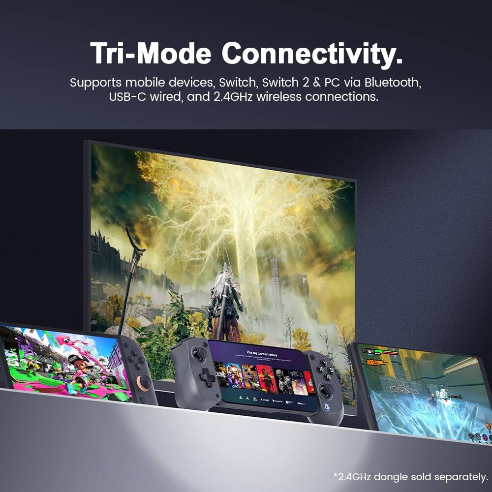 Tri-Mode Connectivity.  
Supports mobile devices, Switch, Switch 2 & PC via Bluetooth, USB-C wired, and 2.4GHz wireless connections.  
*2.4GHz dongle sold separately.