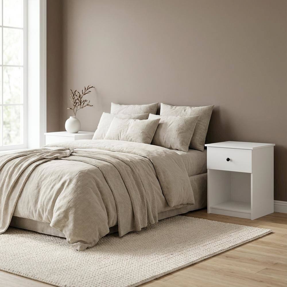 Back. FurniFact - White Nightstands with Spacious Drawer Set of 2 for Bedroom Storage - White.