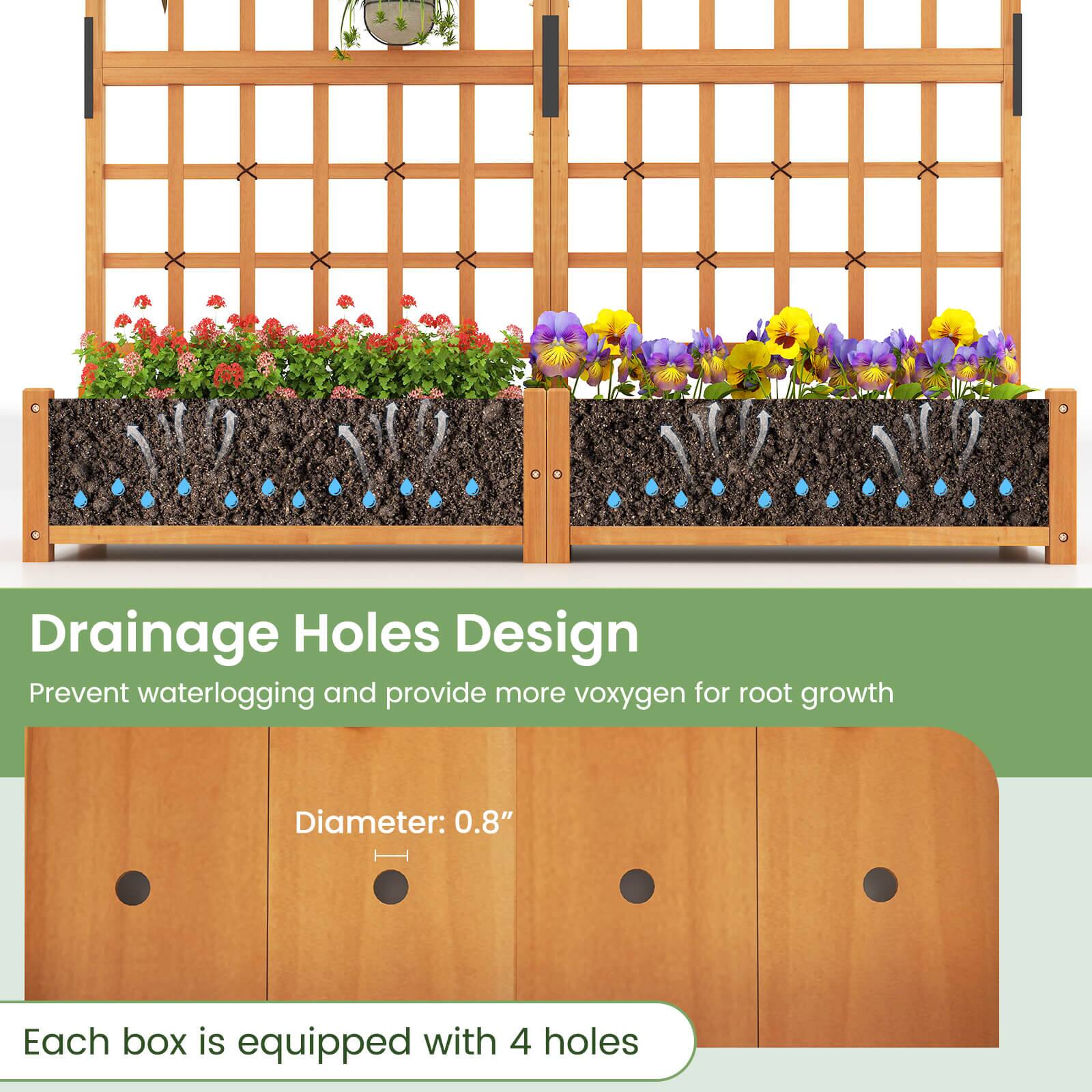 Drainage Holes Design  
Prevent waterlogging and provide more oxygen for root growth  
Diameter: 0.8"  
Each box is equipped with 4 holes