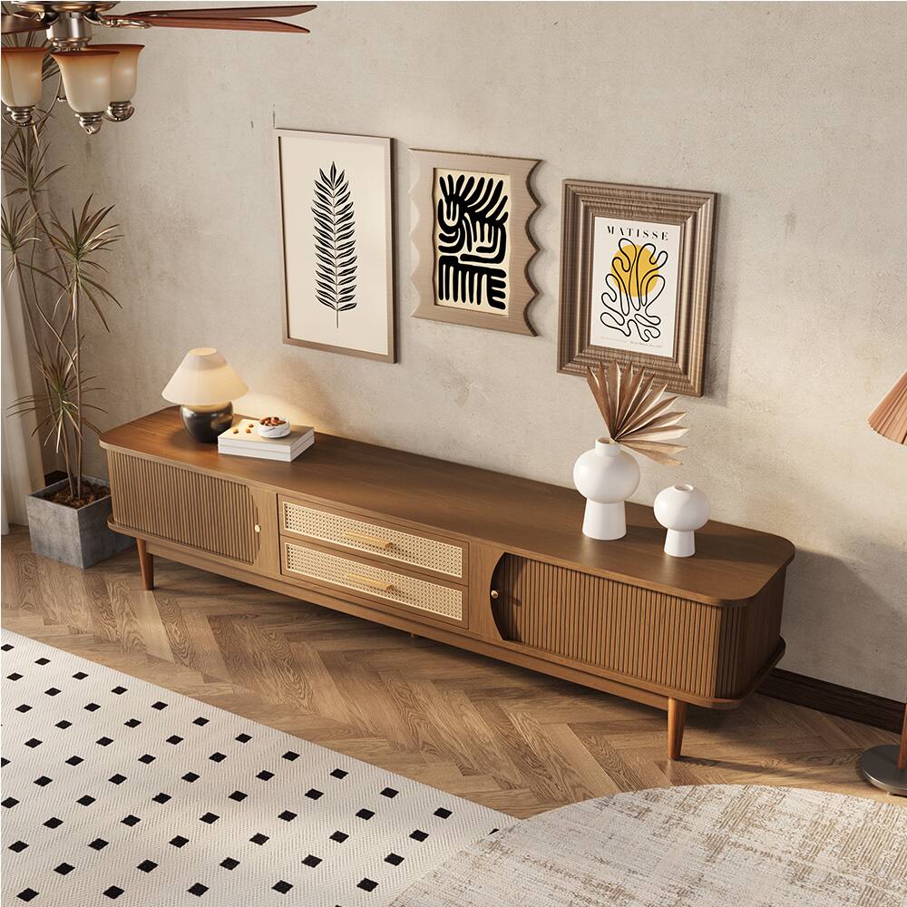 Alt View 8. POVISON - 78.74" Mid-Century Woven Rattan TV Stand, Fluted TV Stand, Walnut Color TV Console with Storage,Perfect for 75-in TVs - Walnut Color.
