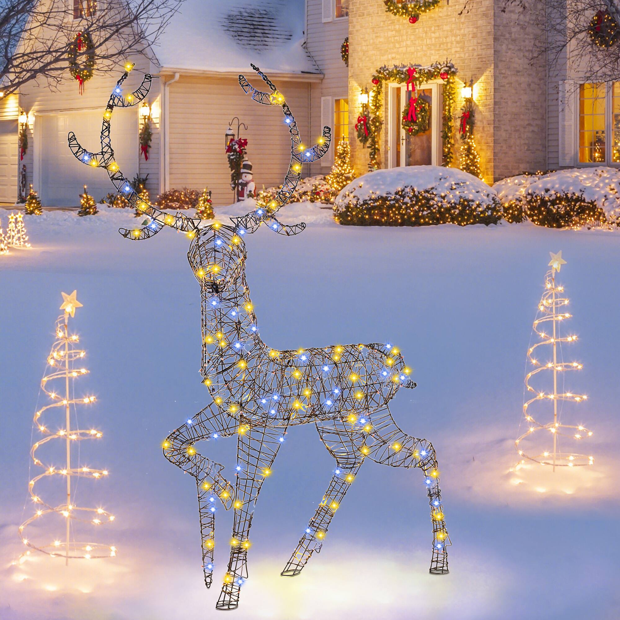 Alt View 1. Gymax - Gymax Christmas 3D Lighted Reindeer Pre-Lit Rattan Buck w/ Large Antlers & 170 LED Lights - Brown.