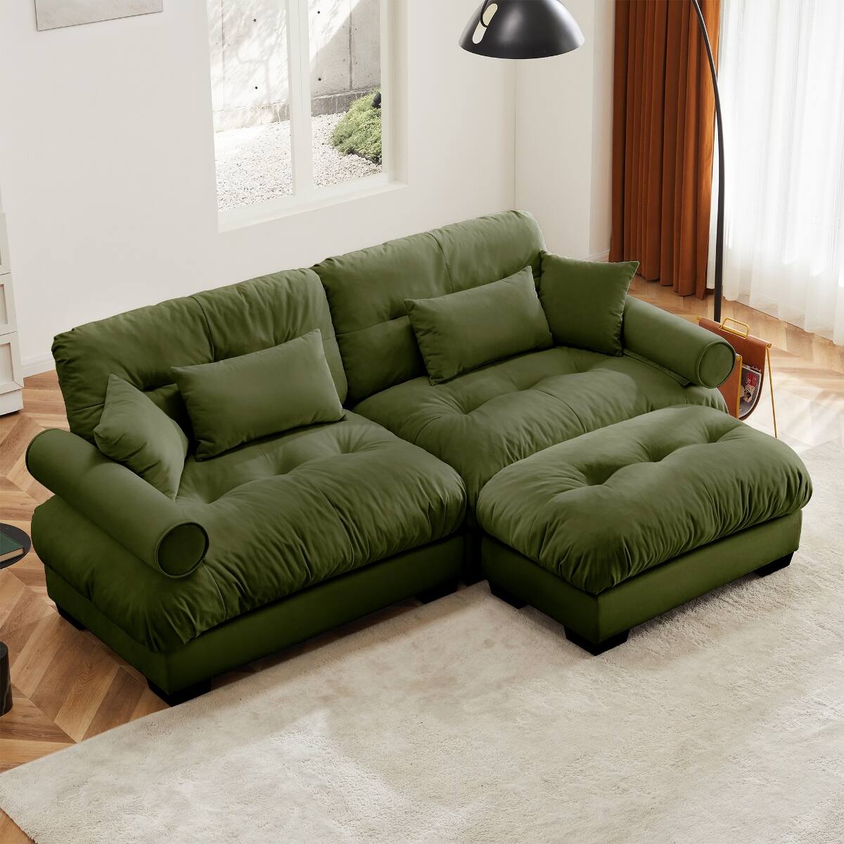 Front. Ropilly - Ropilly Olive Green 2 Seater Velvet Sofa with Ottoman, Small L Shape Loveseat with Round Bolster Armrests - Olive Green.