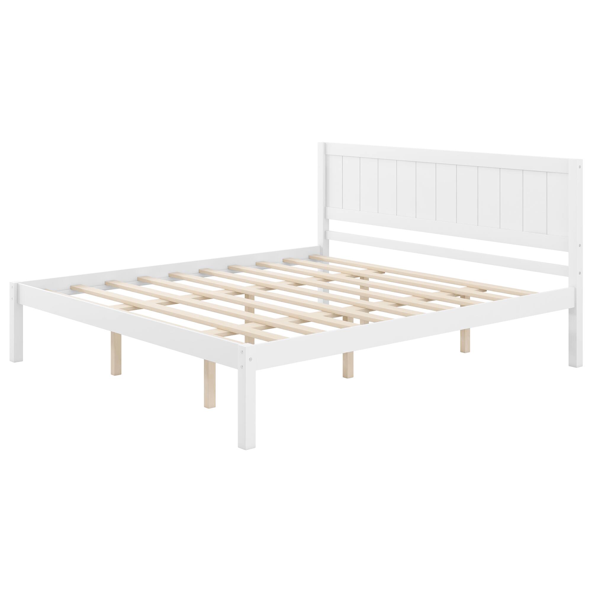 Angle. Whisen - King Size Platform Bed Frame with Headboard, Wood Slat Support, Heavy Duty Pine Wood Bed Base - White.