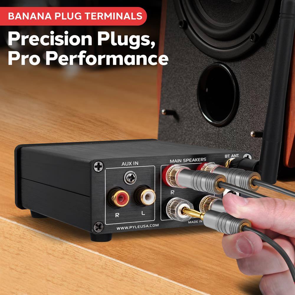 BANANA PLUG TERMINALS  
Precision Plugs, Pro Performance  

AUX IN  
MAIN SPEAKERS  
BT ANT.  

R  
L  

WWW.PYLEUSA.COM  
MADE IN