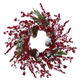 BreeBe - 24” Frosted Cypress Wreath with Berries and Pine Cones - Red