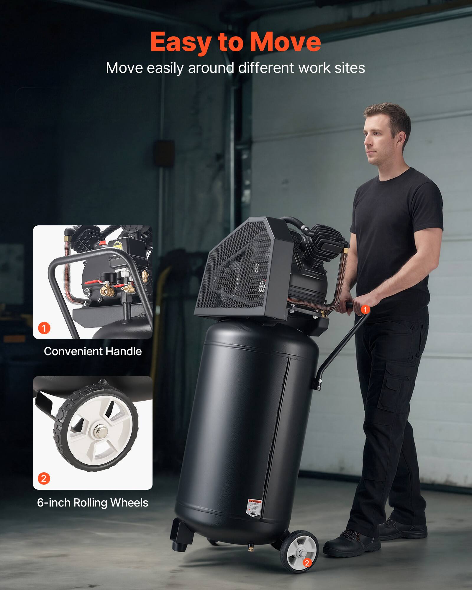 Easy to Move  
Move easily around different work sites

1. Convenient Handle
2. 6-inch Rolling Wheels