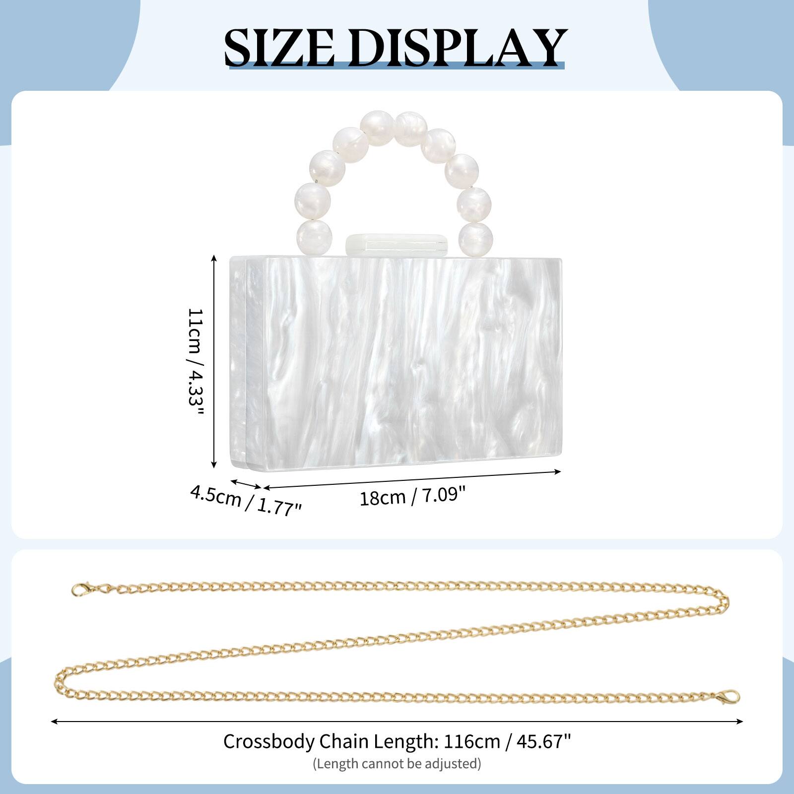 SIZE DISPLAY

- Height: 11cm / 4.33"
- Width: 18cm / 7.09"
- Depth: 4.5cm / 1.77"

Crossbody Chain Length: 116cm / 45.67" (Length cannot be adjusted)