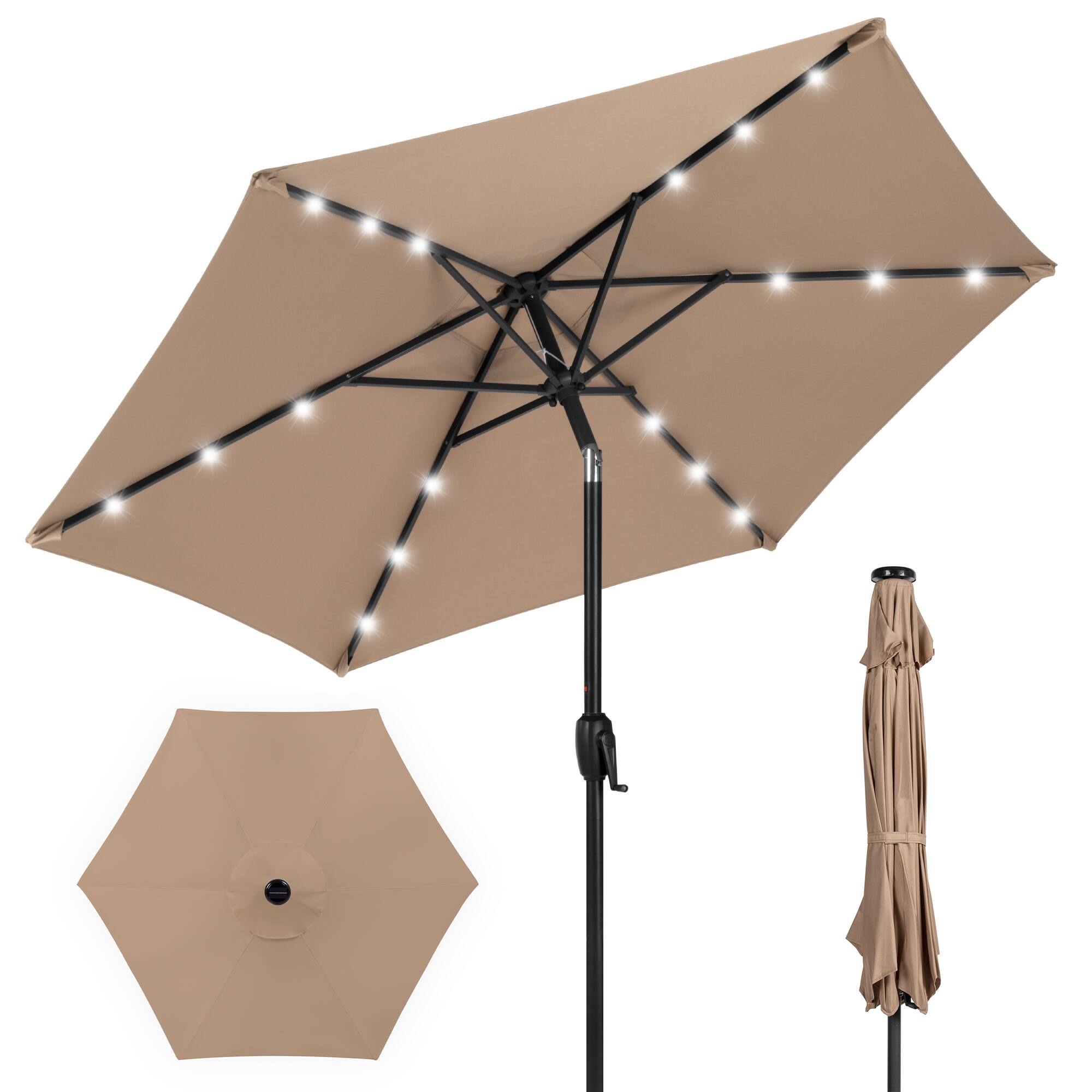 Best Choice Products - 7.5ft Outdoor Solar Patio Umbrella for Deck, Pool w/ Tilt, Crank, LED Lights - Tan