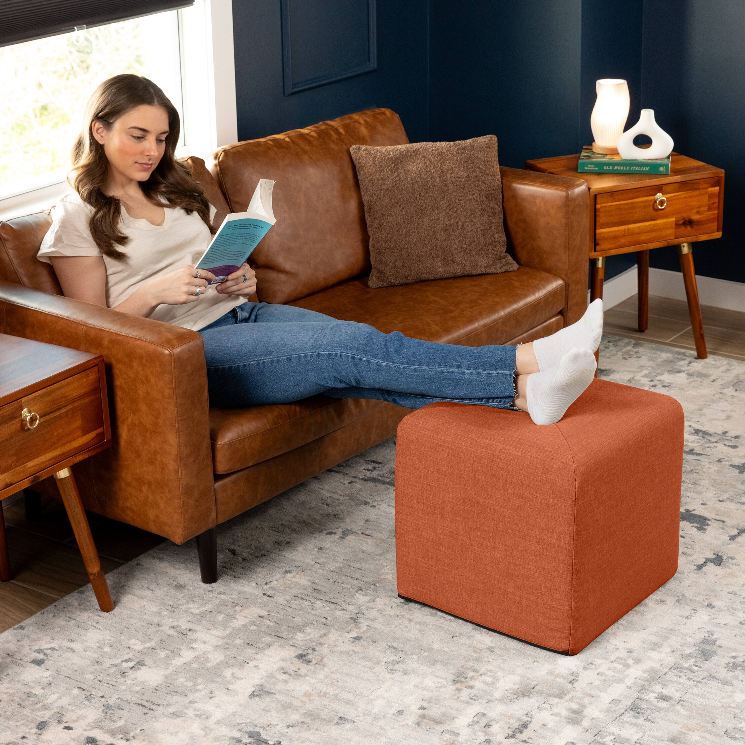 Left. Jaxx - Jaxx Monroe Square Foam Ottoman with Stain Resistant Performance Fabric, Small (18 x 18), Canyon Orange - Canyon Orange.