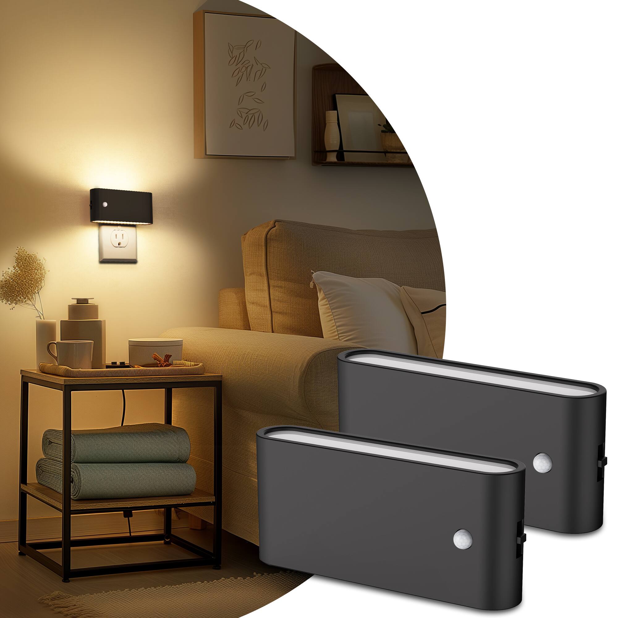 Angle. Jandcase - JANDCASE 2-Pack 1W Plug-in Motion Sensor Night Light, 3000K Warm Glow, Up/Down Light,ON/OFF/AUTO - Black.