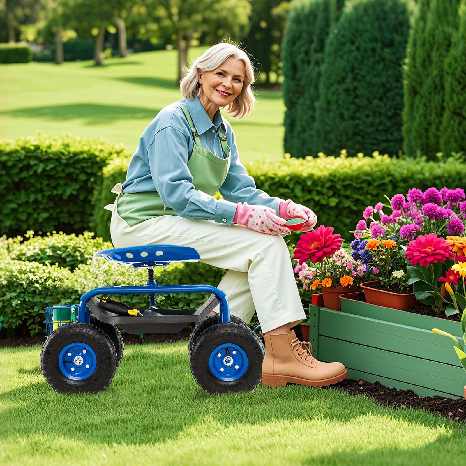 Alt View 1. Gymax - Gymax Cart Wagon Rolling Work Seat w/ Tool Tray Basket Planting Patio Blue - Blue.