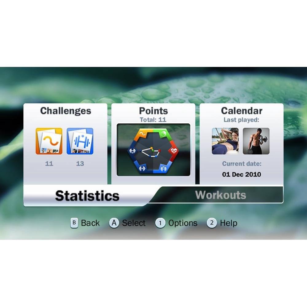 Challenges  
Points Total: 11  
Calendar Last played: 3 11 13  
Current date: 01 Dec 2010  

Statistics  
Workouts  

Back A Select  
1 Options  
2 Help