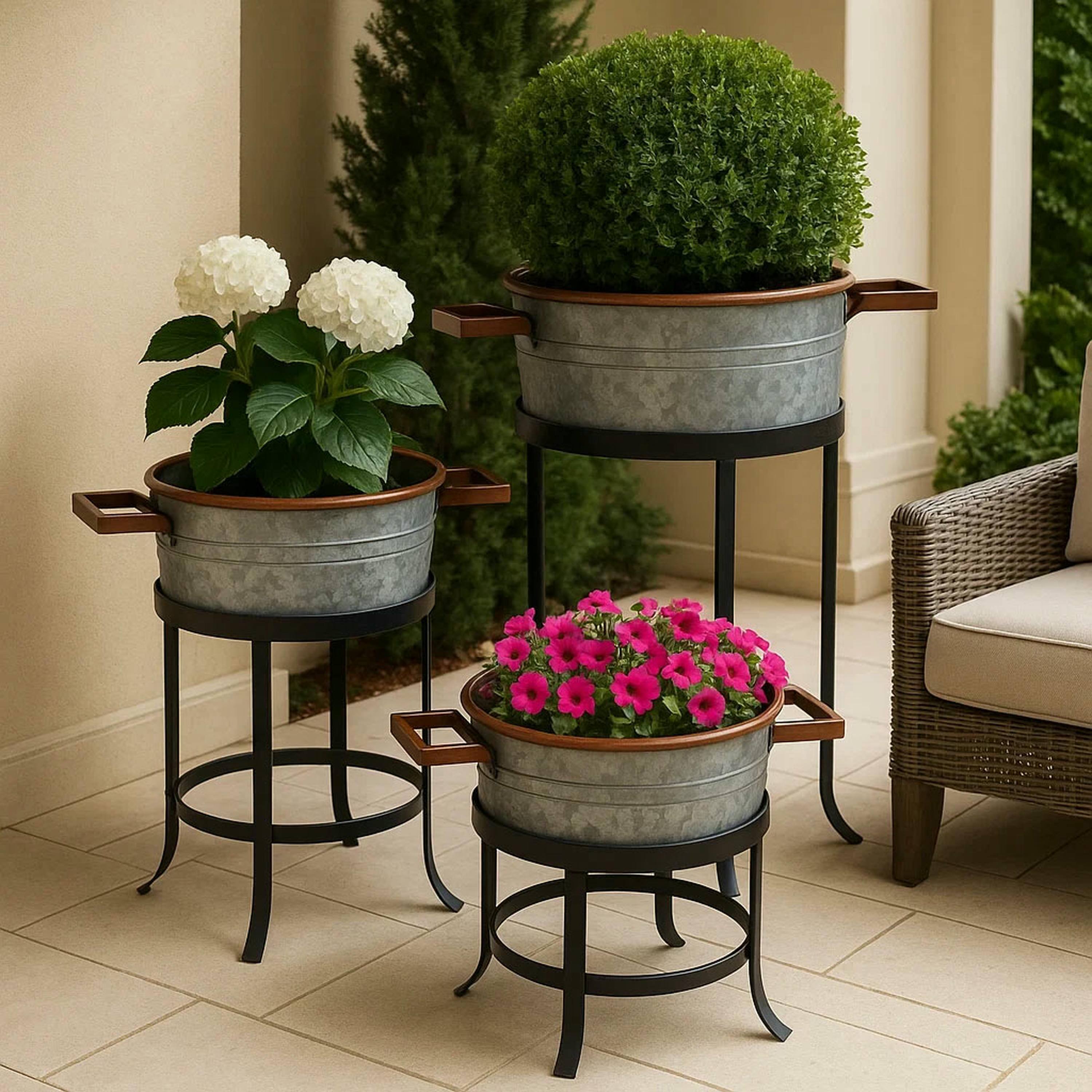 Alt View 9. Manhattan Lane - 21, 18, and 16 Inch 3 Piece Round Tub Metal Planter Set with Stand in Galvanized Gray and Black Iron - Gray and Black.