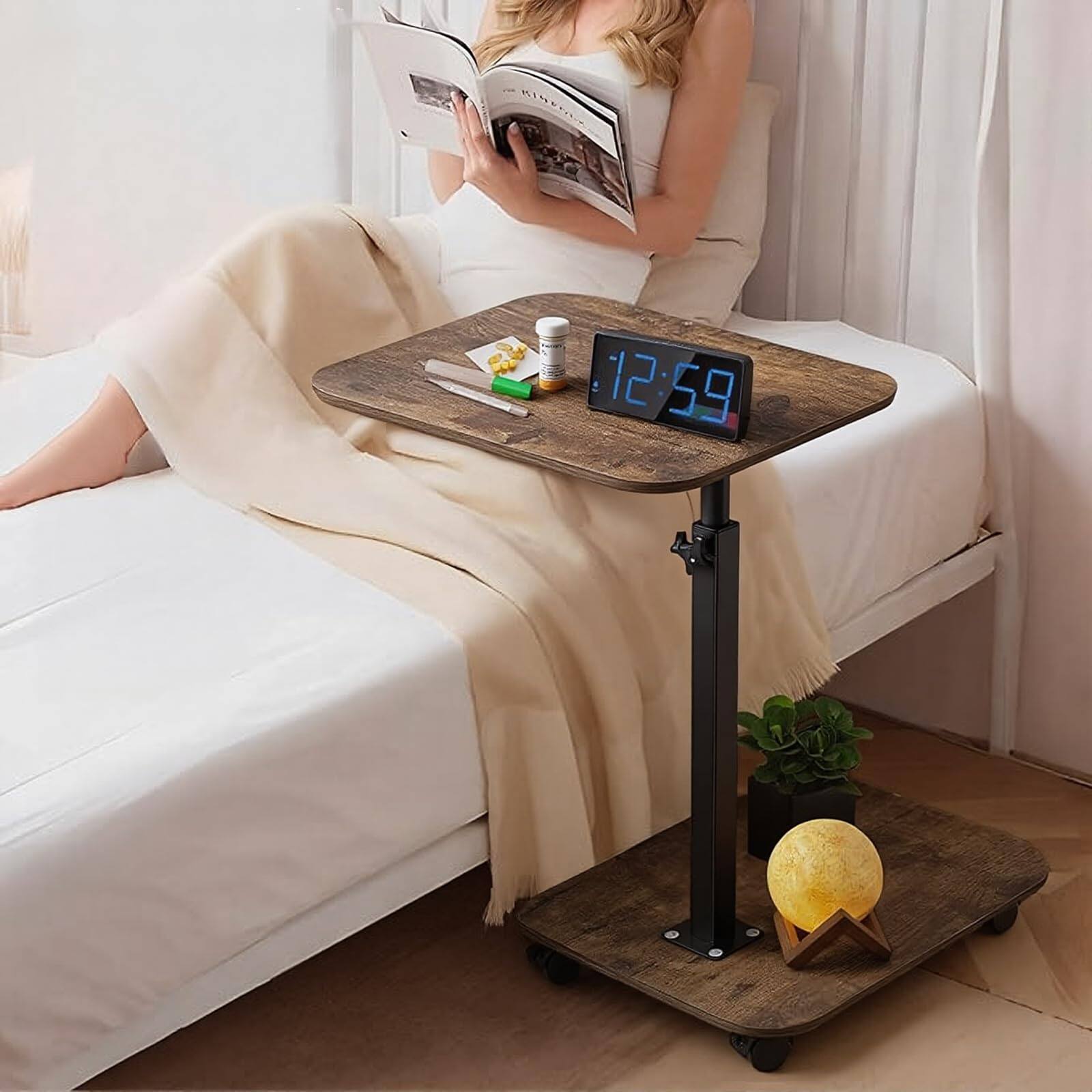 Alt View 2. Fabibe - 2-tier Tv Tray With Wheels Adjustable Height & Angle Wooden Side Table For Sofa - 360° Swivel C-shaped End - Default.