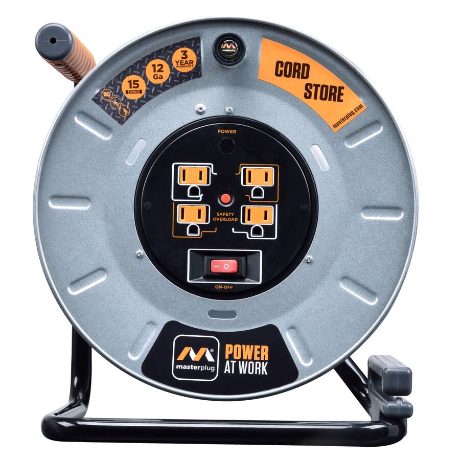 Masterplug 1Ft 4 Sockets 15A 12AWG Large Open Metal Reel Metal & Orange ...