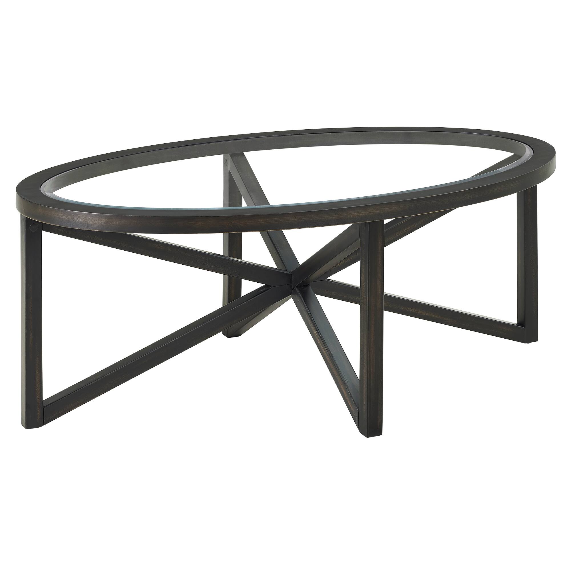 Front. Ecooso - Modern Round Glass Coffee Table with Solid Wood Base - Black.