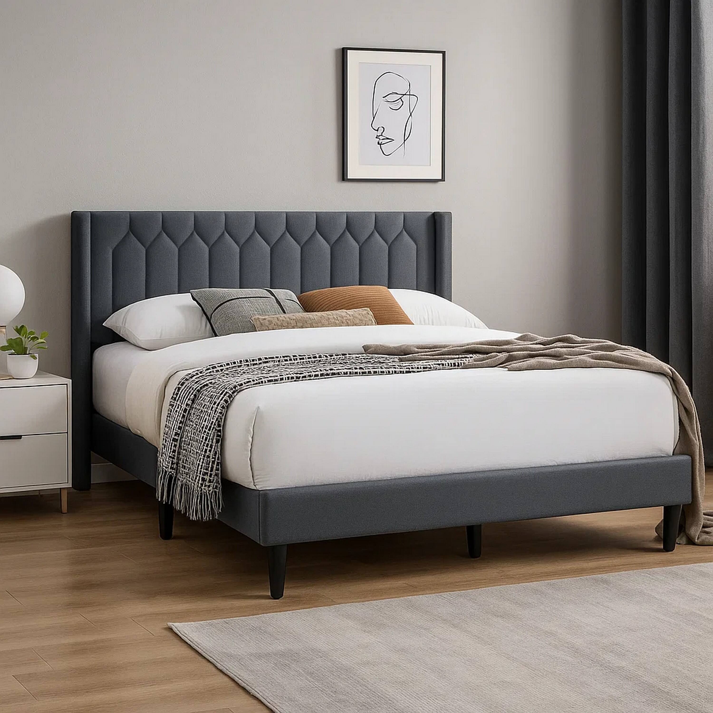Alt View 2. Manhattan Lane - Liana Full Bed, Tufted Charcoal Gray Burlap Upholstery, Foam Padding - Charcoal Gray, Black.